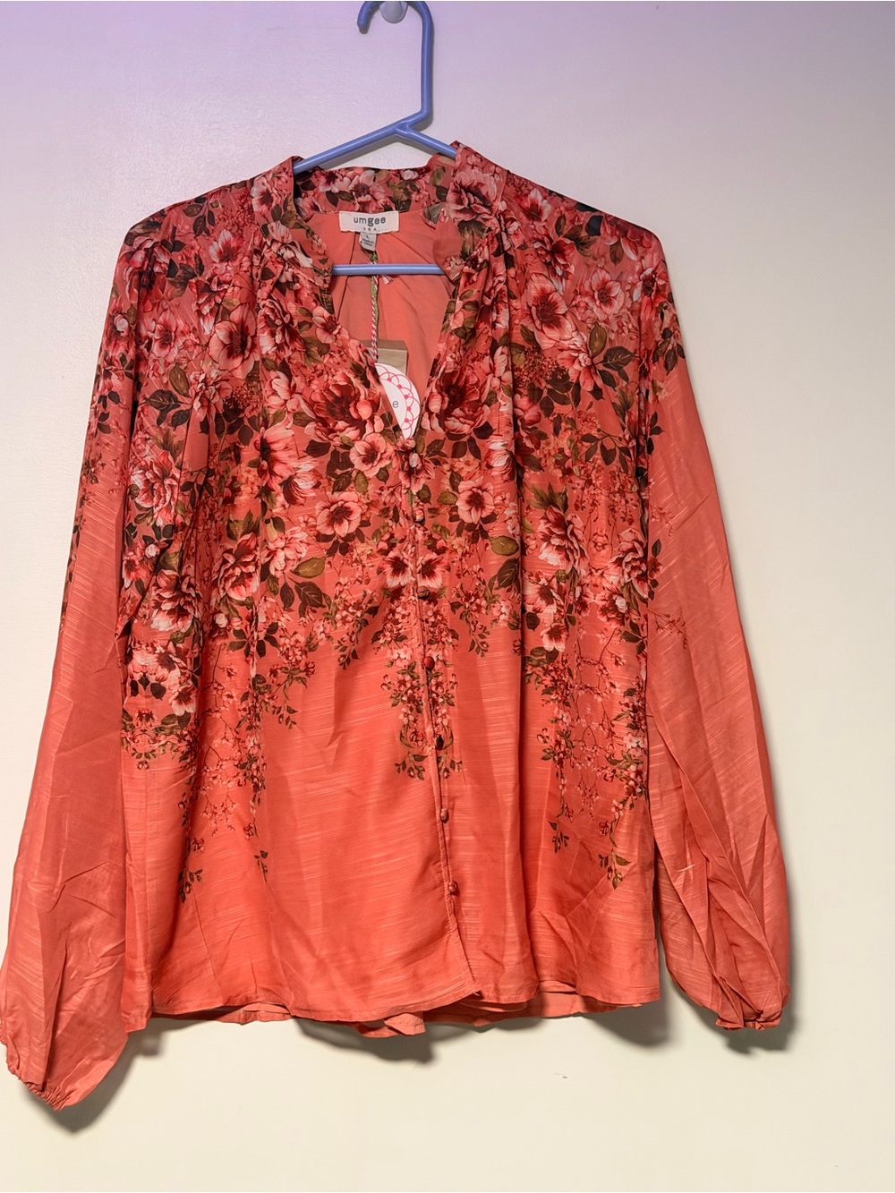 Umgee Coral Pink Floral V-Neck Button Blouse